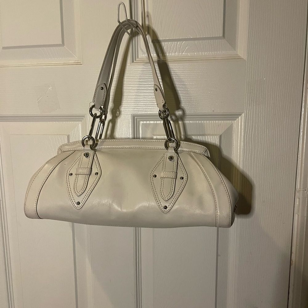COLE HAAN TRINITY Baguette style Leather White Satchel silver tone hardwares.